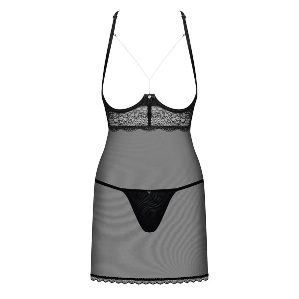 Прозрачная сорочка с открытой грудью Obsessive Pearlove chemise & thong black S/M, трусики