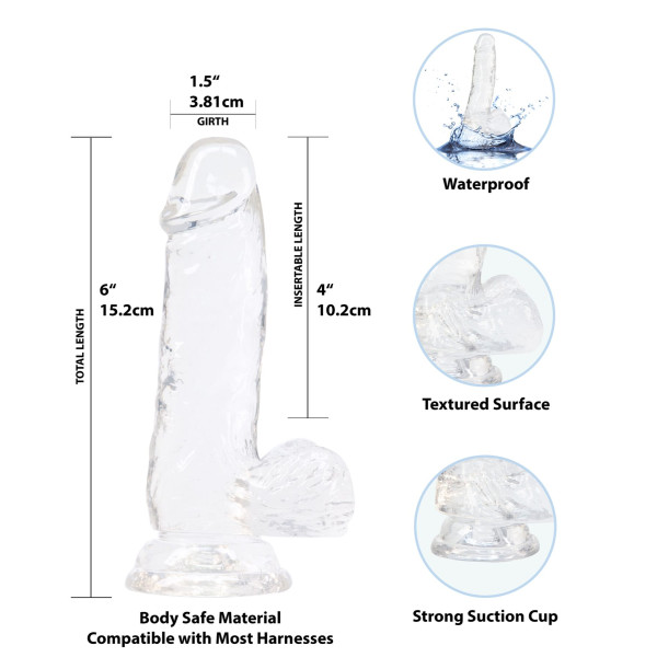 Прозрачный фаллоимитатор на присоске ADDICTION — Clear Dildo with Balls 6 inch, вибропуля в подарок