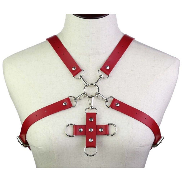 Портупея из искусственной кожи с фиксатором Womens PU Leather Chest Harness Caged Bra RED